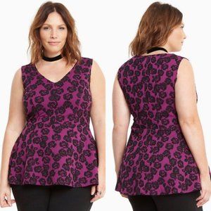 Torrid Floral Hi-Lo Peplum Top Purple Rose Size 2 US Size 2X V Neck Sleeveless